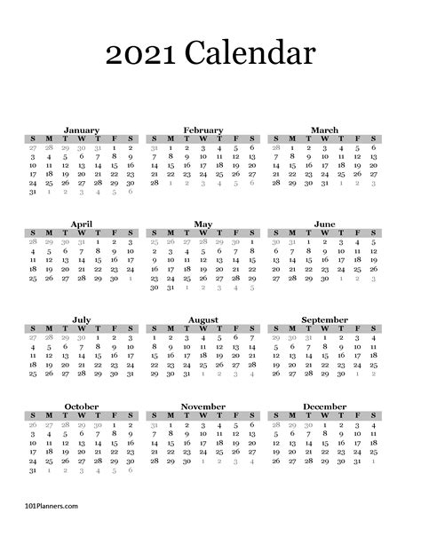 Year At A Glance 2021 Free Printable